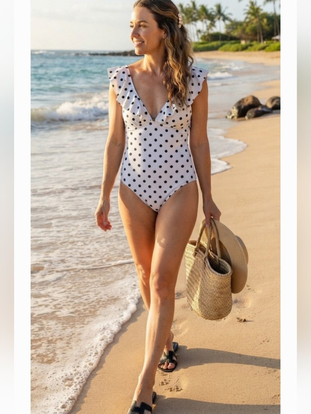 JCrew Factory Polka-dot ruffle-shoulder V-neck one-piece swimsuit, Sz M